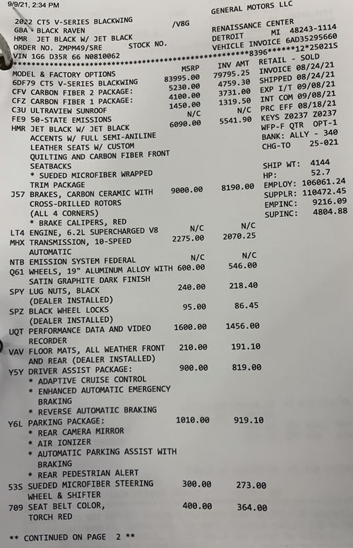 2022 Cadillac CT5-V Blackwing - Number N0810062 - Invoice